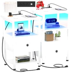 Girapow Nightstands Set of 2, 3-Tier Nightstand with LED Lights, 26.8'' Nightstands with Charging Station and USB Ports, Adjustable Wood Drawer, End Table Bedside Table with Storage for Bedroom, White
