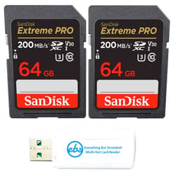 Everything But Stromboli SanDisk 64GB SDXC SD Extreme Pro Memory Card (Two Pack) Works with Nikon D3500, D7500, D5600 Digital DSLR Camera 4K V30 U3 (SDSDXXU-064G-GN4IN) Plus (1) Everything But Stromboli Multi Slot Reader
