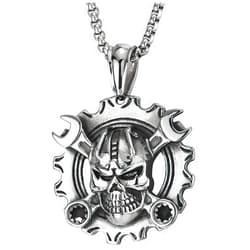 COOLSTEELANDBEYOND Mens Steel Vintage Mechanic Wrench Gear Wheel Skull Pendant Necklace 30 in Wheat Chain Biker Gothic