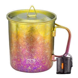 TiTo Titanium Cup Titanium Pot with Lid Ultralight Portable 450ml Foldable Handle Camping Tea Coffee Water Mug for Outdoor Backpacking Hiking Picnic Drinkware with Mesh Sack (Colorful)