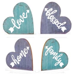 Jetec 4 Pieces Wooden Table Decorations Wood Family Love Blessed Sign Freestanding Home Tabletop Decor Heart Shaped Table Centerpiece Rustic Wood Home Sign for Holiday Party Office Shelf Mantel Decor
