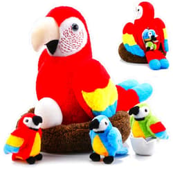 Meooeck 7 Pcs Macaw Parrot Plush Toys Set 13 Inch Zippered Mommy Parrot Stuffed Animal with Nest Egg and 3 Cute Baby Plushies Gifts for Kids Birthday Hawaii Party Decor