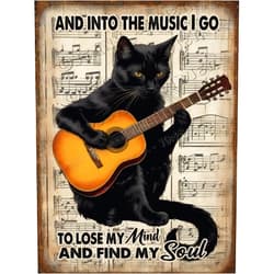Finamille Black Cat Play Guitar Decor and Into the Music I Go To Lose My Mind And Find My Soul Metal Signs Vintage Aluminum Sign Decorative Outdoor Backyard Decor, Metal Wall Sign 5.5x8 Inches