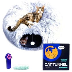 WONDER FAMILY Cat Tunnel Bed – Cat Donut Tunnel Combining Cat Bed, Peekaboo Cat Cave, & Cat Tube – Cat Cave Bed with Cat Toys for Indoor Cats Included – Cat Tunnels for Indoor Cats Large, 1 Lazer Paw, 1 Ball