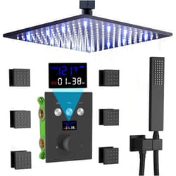 AYIVG Thermostatic Shower System with 6PCS Body Jets Matte Black Temperature Displa Shower Faucet Set Ceiling Shower System with Push Button Diverter LED 12 Inch Rain Shower Head with Handheld Spray