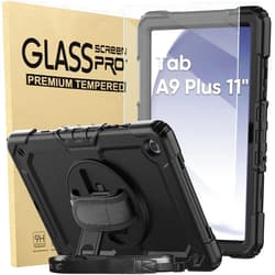 BLOSOMEET Bundle of Case for Samsung Galaxy Tab A9 Plus 11 Inch 2023 with Tempered Glass Screen Protector Pencil Holder,BLOSOMEET Galaxy A9+ Plus Tablet Case with Shoulder Strap Hand Strap&Stand,Black