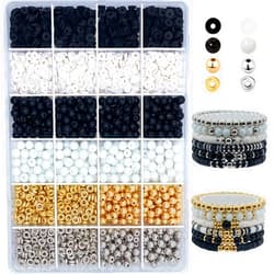 Hiadscine 2420PCS Black Clay Beads for Bracelets Making Kit 6mm Black White Clay Bead Gold Silver Spacer Beads Heishi Beads Flat Polymer Beads Frendship Bracelet Beads Kit for Adults(Clay & Glass Beads)