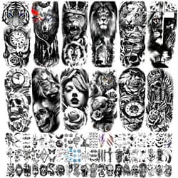 JEEFONNA 72 Sheets Temporary Tattoo for Men Women Adults, Include 12 Sheets Large Black 3D Half Sleeve Temporary Tattoos, Halloween Tattoos Scary Lion Wolf Tiger Skull Skeleton Tattoos Stickers