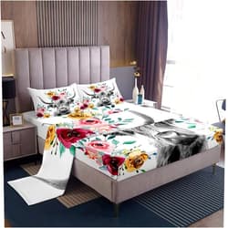 Feelyou Cow Bed Sheet Highland Cattle Flowers Sheet Set Floral Printed Bedding Set for Kids Adults 1 Fitted Sheet & 1 Flat Sheet & 2 Pillowcases