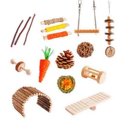 GOODMOM 16pcs Hamster Toys Set Apple Wood Sweet Bamboo Rabbit Chew Toys Wooden Arch Bridge Swing Seesaw Small Pet Toy Hamster Cage Accessories Hamster Chew Toys for Teeth Care