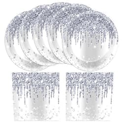CHUNNIN 50 Pcs Silver Glitter Disposable Party Plates and Napkins Glitter Diamonds Happy Birthday Party Supplies for 25 Guests Table Decorations for Wedding Silver Birthday Decorations Paper Plates Napkins