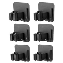 IKAYUIK Mop Broom Holder Wall Mounted Heavy Duty No Drill, Adhesive Mop 304 Stainless Steel Mop Hanger Wall Mount Stick on w Hooks for Bathroom Kitchen Closet Garage Garden Organizer with 6 Hooks (Black)