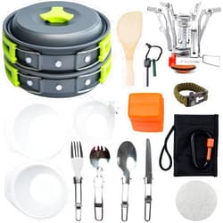 MalloMe Camping Cookware 18pc Mess Kit w/Backpacking Stove – Camping Cooking Set for Backpacking Gear - Camping Pots and Pans Set w/Camping Pot Pan Stove Utensils Camp Kitchen Equipment Accessories