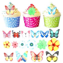 BBTO 100 Pieces Edible Flower Cupcake Toppers and Butterfly Cake Decorations Mixed Size Realistic Dessert Food Decor for Baby Shower Wedding Anniversary Kids Girls Women Birthday Party Favors Supplies