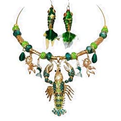 Claire Kern Creations Sparkly Green Crystal Lobster Mermaids Fish Handmade Necklace Earrings