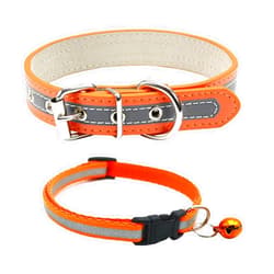 Zemat pet Reflective Collar, 4-Color -Leather + Nylon Material, Dog and Kitten Collar with Bells 2-Piece Set, Adjustable Puppy Collar Bell(Orange)