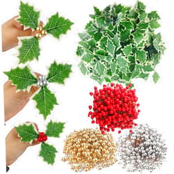 TIHOOD 300PCS Artificial Holly Berries with 100PCS Green Leaves Gold Silver Red Holly Berry Stems with Leaves Artificial Holly Leaves and Berries for Christmas Wreath Arrangement Cake Toppers Craft