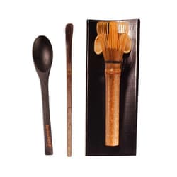 BambooMN Matcha Whisk Set - Skinny Black Chasen (Tea Whisk), Black Tray, Black Chashaku (Hooked Bamboo Scoop), Black Tea Spoon - 1 Set