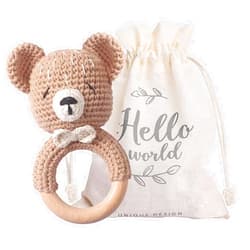 WOODEN TEETHER Crochet Baby Rattle, Crochet Baby Toys, Organic Wooden Newborn Toys, Newborn Animal Rattle Toys，Knitted Stuffed Animals Gifts for Baby, Kahki Bear