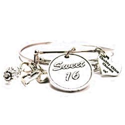 ChubbyChicoCharms Sweet 16 Adjustable Wire Bangle Charm Bracelet Set of Two Bangles