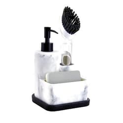 ZCCZ White Soap Dispenser with Sponge Holder, Kitchen Soap Dispenser Pump, Sponge Caddy and Brush Holder 3 in 1 Set Organizer for Sink Countertop, Removable Tray, Marble Look (Brush NOT Included)