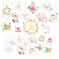 Faccito 53 Pcs Tea Party Decoration Floral Tea Time Swirls Decoration Spring Vintage Teapot Party Hanging Swirls Talking Party Ceiling Supplies for Tea Party Baby Shower Princess Birthday Party Wedding Favors