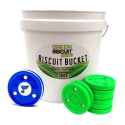 Green Biscuit Bucket 15-Pack Original Passer Hockey Pucks - Street Hockey Puck to Improve Stickhandling Skills and Passing -Get NHL Puck/GB Sticker