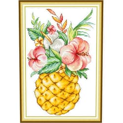 Svarog Stamped Cross Stitch Kits Beginners Full Range of Embroidery Patterns Starter Kits for Adult or Kids DIY Cross Stitches Needlepoint Kits 14CT-Pineapple and Flowers 7.09x10.63 inch