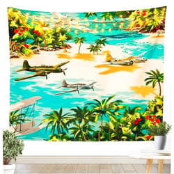 Manfei Aiplanes Wall Hanging Tapestry,Watercolor Hawaii Seaside Tropical Palm Trees Wall Blanket Tapestries Military Retro Aircraft Polyester Tapestries,Small 51.2 x 59.1 Inches