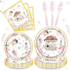 Bphweulko 192 Pcs Fairy Party Tableware Set (Serves 48 Guests), Plates, Napkins, Forks, Enchanted Garden Theme for 1st Birthday, Baby Shower, Girls Fairy Party Decorations