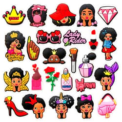 Chionwen 25PCS Black Girl Shoe Decoration Charms for Clog, Fashion Black Queen Charms Accessories for Adult Women Girl Party Favor