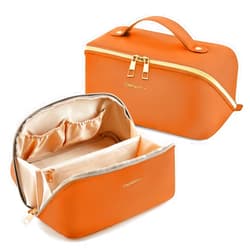 Omnpak Makeup Bag, Open Flat Cosmetic Bag, Small Zipper Pouch for Women, Makeup Organizer for Travel or Daily Use, Brown