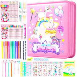 DANLCUPL Fruit Scented Markers Set 65 Pcs with Glitter Unicorn Pencil Case & Stationery, Art and Craft Coloring Supplies Birthday Gifts for Kids 4-12 Year Old (Rainbow Unicorn Pink)