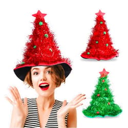 JenPen 2 Pieces Christmas Santa Hats Christmas Tree Hats Tinsel Xmas Tree Hat Costume Accessories Red Green Glitter Christmas Hats for Christmas Costume Adults and Kids