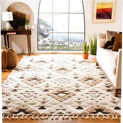 SAFAVIEH Moroccan Tassel Shag Collection 4' Square Ivory / Brown MTS688A Boho Non-Shedding Living Room Bedroom Dining Room Entryway Plush 2-inch Thick Area Rug