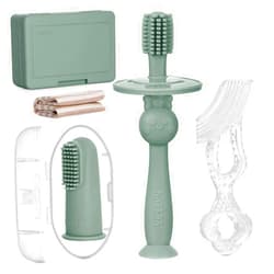 haakaa Training Toothbrush Set Oral Care Kit, Soft Silicone Toothbrush for Baby, Infants, Toddlers & Kids, Pea Green
