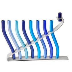 Yair Emanuel Anodized Aluminum Lyre Design Hanukkah Menorah - Blue (HMN-3)