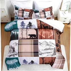 Btargot Lightweight Soft 3 Piece Rustic Patchwork Woodland Wildlife Comforter Set with 2 Pillow Covers, Cartoon Moose Elk Deer and Bear Trees Cabin Plaid Bedding Set for Girls Boys Kids, Brown Queen