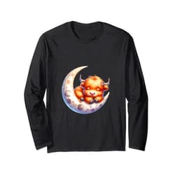 Cute Baby Highland Cow Sleeping on the Moon Heifer Farm Long Sleeve T-Shirt