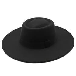 Mawjom Wide Brim Panama Fedora Hat - Warm Felt Flat Top Pork Pie Cap for Women Men (Size:M/L)