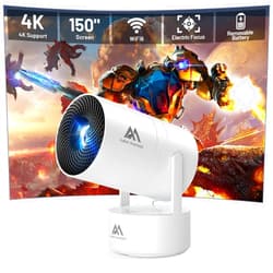 AUBOR MENTECH [Built-in Battery] Mini Projector with Wifi and Bluetooth, 4K 1080P Supported 270° Rotatable 150'' Screen Auto Keystone Home Outdoor Projector Portable Smart Projector for Phone/TV/Laptop/HDMI, White