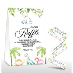 Chuxvon Diaper Raffle Party Games, Dinosaur Baby Shower Game, Greenery Themed Baby Gender Reveal Party Supplies & Activities -1 Double Sided Standing Sign + 50 Guessing Cards (A06)