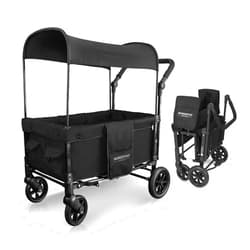 WONDERFOLD W1 Original Stroller Wagon (2 Seater) - Collapsible Wagon Stroller with Seats with 5-Point Harnesses, Adjustable Push Handle, and Sun Canopy, Jet Black