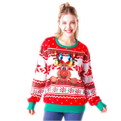Giggling Getup Ugly Christmas Sweater for Women, LED Light Up Christmas Reindeer Ugly Sweater, Holiday Pullover for Women Red