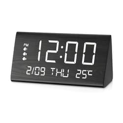 JALL Digital Alarm Clock, with Wooden Electronic LED Time Display, 3 Alarm Settings, Weekday/Weekend Mode, Temperature Detect, Wood Made Electric Clocks for Office, Bedroom, Bedside (Black)