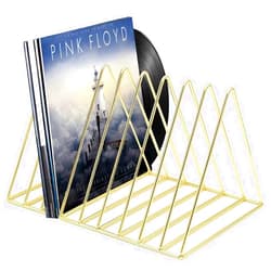 Udreamer 9 Slot Record Holder,Desktop Vinyl Record Storage Holds Up 30 LPs,Metal Magazine Holder Triangle File Holder for Office Homer,Golden