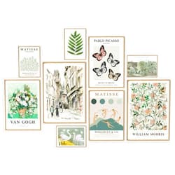 uniro Sage Green Eclectic Wall Art Prints, 9 Pcs Matisse Wall Art Exhibition Posters for Room Aesthetic, Van Gogh William Morris Matisse Picasso Green Eclectic Gallery Wall Decor, Maximalist Canvas