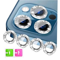 KONVOK [3+1 Compatible with iPhone 12, 12 mini, 12 Pro Camera Lens Protector Glitter Bling, Tempered Glass Clear Camera Cover Screen Protector Metal Ring Accessories, Case Friendly (Silver)