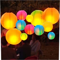 DazzLiteer 12pcs Colorful Paper Lanterns with LED Light, Decorations Round Hanging Paper Lantern Lamps for Birthday, Wedding, Party, Home Decorations (Size of 8”, 10”, 12”)