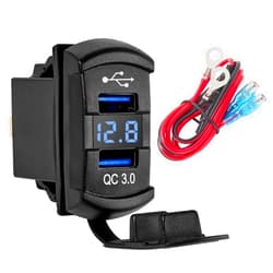 Anina QC Dual USB3.0 Car Charger Port Rocker Switch Style, 12V-24V Waterproof USB Socket with Blue LED Voltmeter, Universal Fast Charge USB Replacement for Marine Toggle Switch Panel on Boat Truck RV